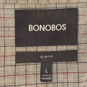 Bonobos Button Up. Dress shirt. Large. Slim Fit. Grey. W/ Blue red stripes.